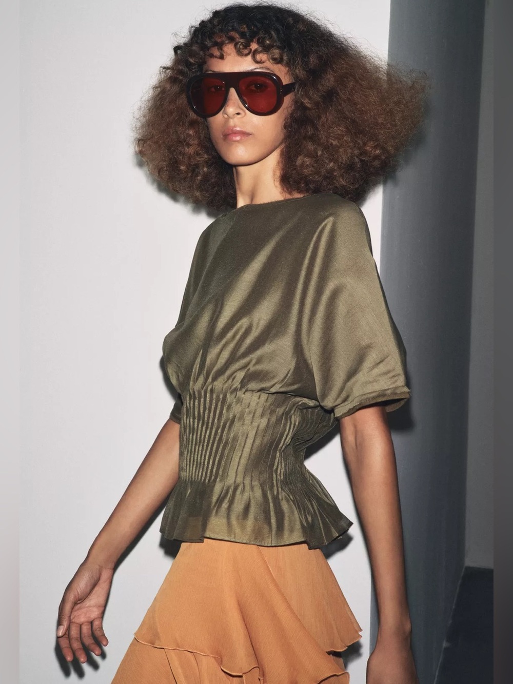 Zara Peplum Blouse Pleated Smocked Waist Combined Knit Boat Neck Semi Sheer